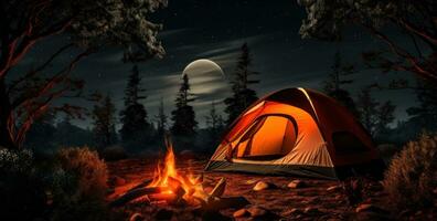 AI generated camping tent with fire pit in summer photo