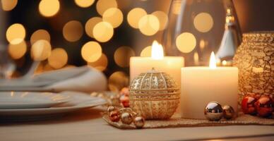 AI generated christmas themed table with candle lights photo