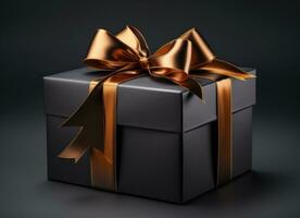 AI generated elegantly tied golden ribbon wrapped in black gift box on black background photo
