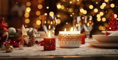 AI generated christmas themed table with candle lights photo