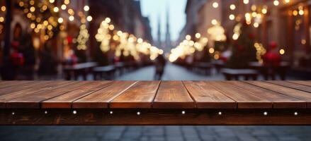 AI generated empty wooden city street table with christmas decoration photo