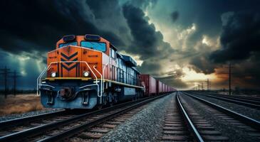 ai generado carga carga tren de viaje en tren pistas en oscuro cielo foto