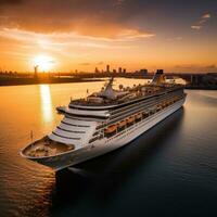 AI generated An evocative shot of a cruise ship departing from port at sunset photo