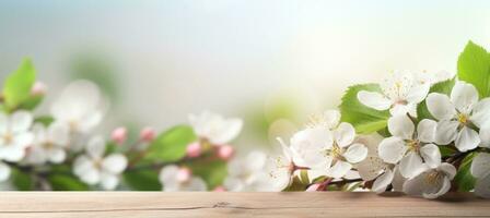 ai generado manzana flores en de madera mesa foto