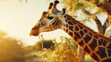 ai generado linda jirafa come hojas desde árbol en África foto