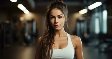 AI generated young fitness girl smiling in gym gym photo