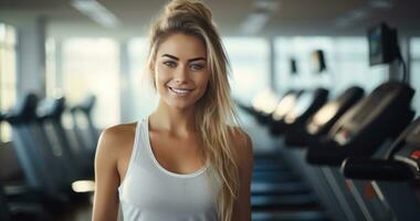 AI generated young woman standing walking on treadmill in the gym with equipment photo