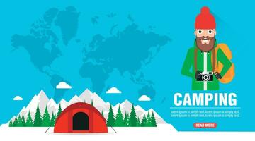 Time to travel. Winter camping concept design flat banner vector