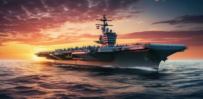 AI generated an aircraft carrier is floating on the ocean at sunset photo