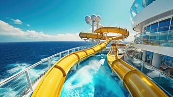 AI generated An action-packed of passengers enjoying a thrilling water slide on the top deck of a cruise ship photo