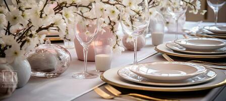 ai generado un mesa ajuste con rosado y blanco flores, cubiertos y champán lentes foto
