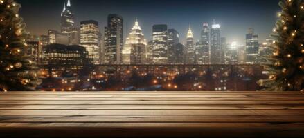 AI generated a wooden table in a city with background with christmas trees photo