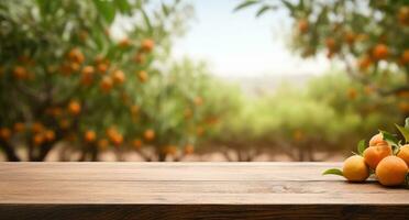 AI generated a wooden table in an orange orchard photo