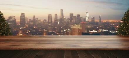 AI generated a wooden table in a city with background with christmas trees photo