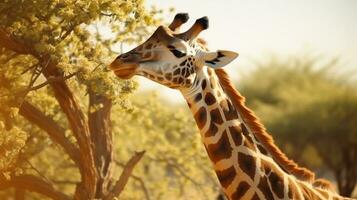 ai generado linda jirafa come hojas desde árbol en África foto