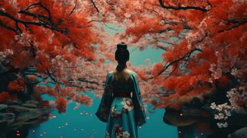 AI generated a woman wearing a red kimono walks alongside white blossoms photo