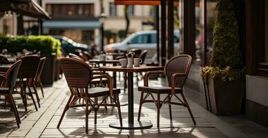 AI generated a sidewalk with three cafe tables and chairs on a patio photo