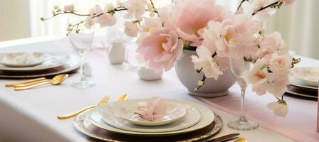 AI generated a table setting with pink and white flowers, silverware and champagne glasses photo