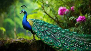 ai generado un maravilloso Disparo de un pavo real mostrando sus hermosa plumas en todas su gloria foto