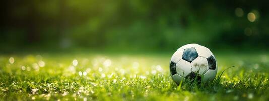 ai generado un fútbol pelota en el césped en frente de un objetivo foto