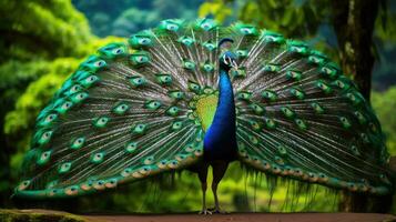 AI generated A stunning shot of a peacock displaying its beautiful feathers in all their glory photo