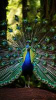 AI generated A stunning shot of a peacock displaying its beautiful feathers in all their glory photo