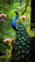 AI generated A stunning shot of a peacock displaying its beautiful feathers in all their glory photo