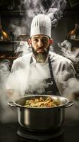 AI generated a chef holding a steaming pot of soup, with steam rising around his face photo