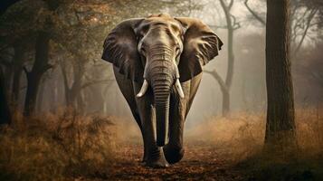 AI generated A regal and majestic elephant, its massive form dwarfing the trees around it photo