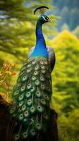 AI generated A stunning shot of a peacock displaying its beautiful feathers in all their glory photo