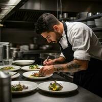 AI generated A photo of a chef plating a dish with artistic precision and a focused expression