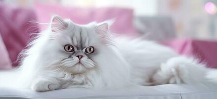 AI generated a persian cat lays on top of a pink couch photo