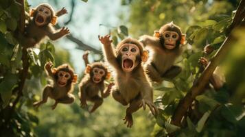 AI generated A playful group of monkeys swings through the trees photo