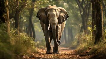 ai generado un real y majestuoso elefante, sus masivo formar enanismo el arboles alrededor eso foto