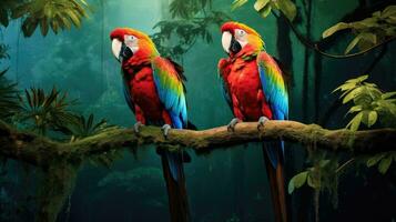 AI generated A pair of brilliantly colored macaws perch atop a branch photo