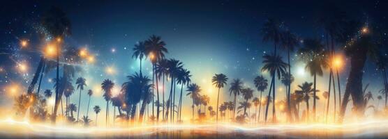 AI generated a palm tree with holiday lights in the background photo