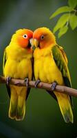 ai generado un par de pájaros del amor sentado juntos en un rama, su brillante naranja y amarillo plumas foto