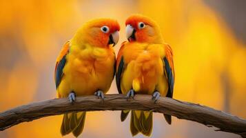 ai generado un par de pájaros del amor sentado juntos en un rama, su brillante naranja y amarillo plumas foto