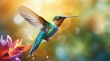 AI generated A vibrant hummingbird hovering in mid-air, its iridescent feathers glinting in the sunlight photo