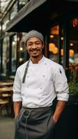 AI generated chef standing proudly in front of a restaurant, wearing his chef's jacket and a big smile photo