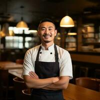 AI generated chef standing proudly in front of a restaurant, wearing his chef's jacket and a big smile photo