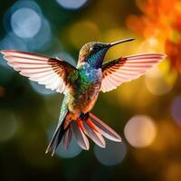 ai generado un vibrante colibrí flotando en aire, sus iridiscente plumas reluciente en el luz de sol foto