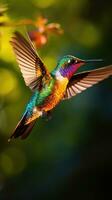 AI generated A vibrant hummingbird hovering in mid-air, its iridescent feathers glinting in the sunlight photo