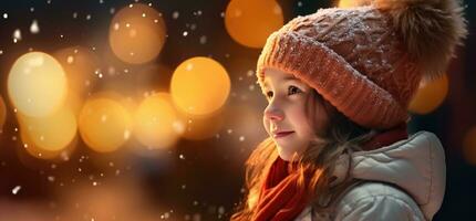 AI generated a little girl looking at the lights in the snow photo