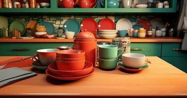 AI generated a kitchen table and drawers full of red and green dishes photo