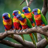 AI generated A group of brightly colored lorikeets perched on a tree branch photo