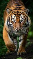 ai generado un majestuoso Bengala tigre, con sus sorprendentes naranja y negro Saco foto