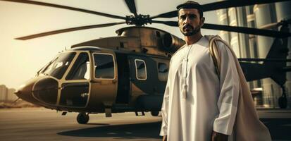 AI generated a man in arabic standing in front of a large helicopter in front of city photo