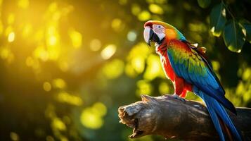 AI generated A majestic macaw posing on a tree trunk, with its vibrant blue and green feathers shining photo