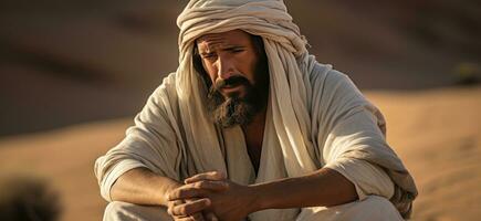 ai generado un hombre sentado en el Desierto vistiendo un blanco turbante foto